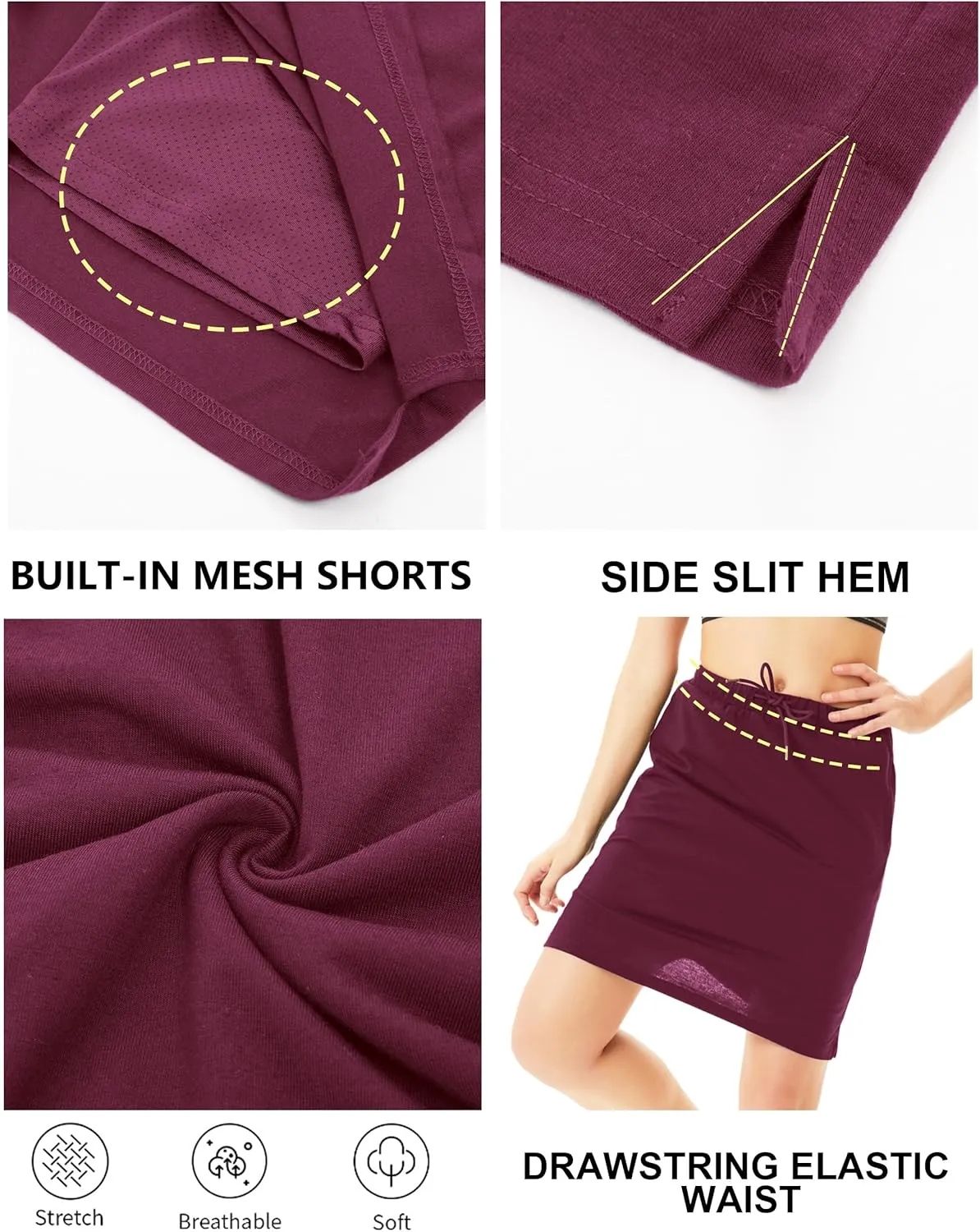JACK SMITH Women's Stretchy Knee Length Skirts Athletic Skorts for Woman Drawstring Waist with Mesh Shorts Pockets