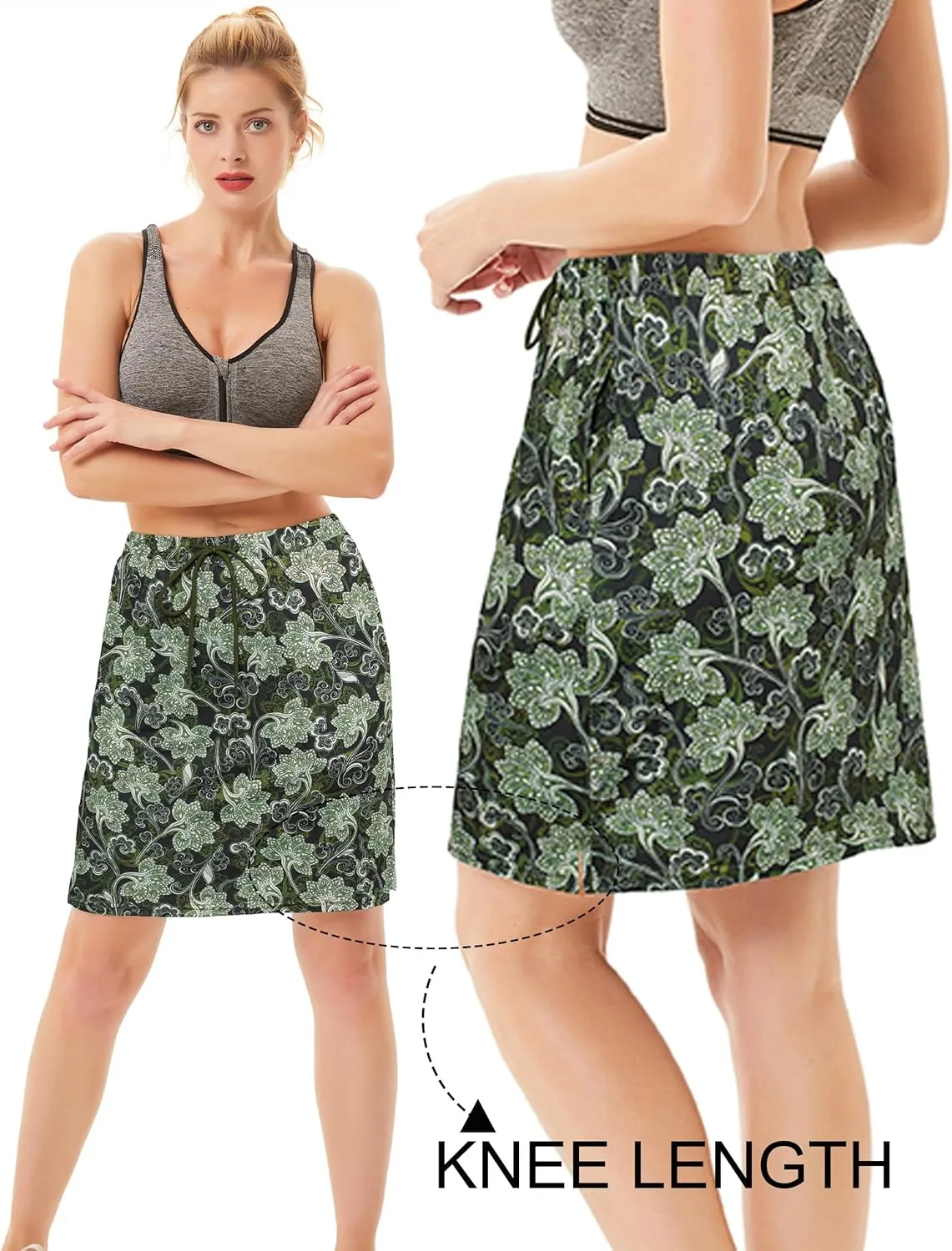 JACK SMITH Women's Stretchy Knee Length Skirts Athletic Skorts for Woman Drawstring Waist with Mesh Shorts Pockets