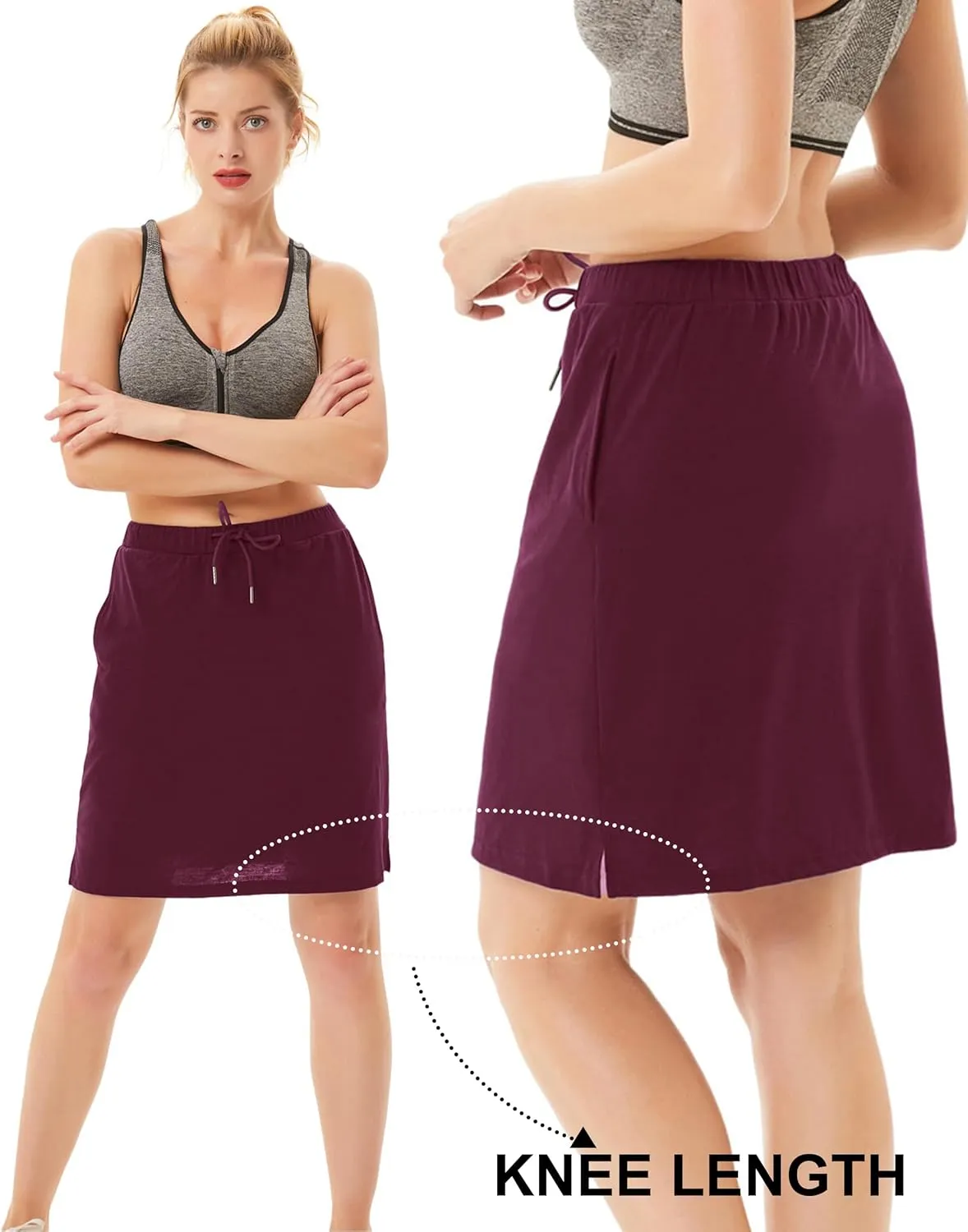 JACK SMITH Women's Stretchy Knee Length Skirts Athletic Skorts for Woman Drawstring Waist with Mesh Shorts Pockets