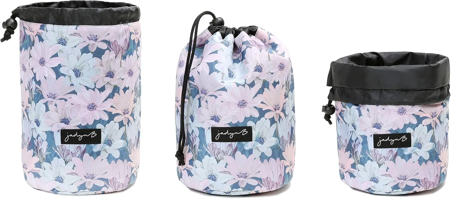 Jadyn Durable Cinch Top Makeup Organizer - Compact Travel Makeup Bag - 7 Interior Pockets for Cosmetics - Drawstring Toiletry Travel Bag for Women - 6L Storage Capacity - (Blooming Daisy)