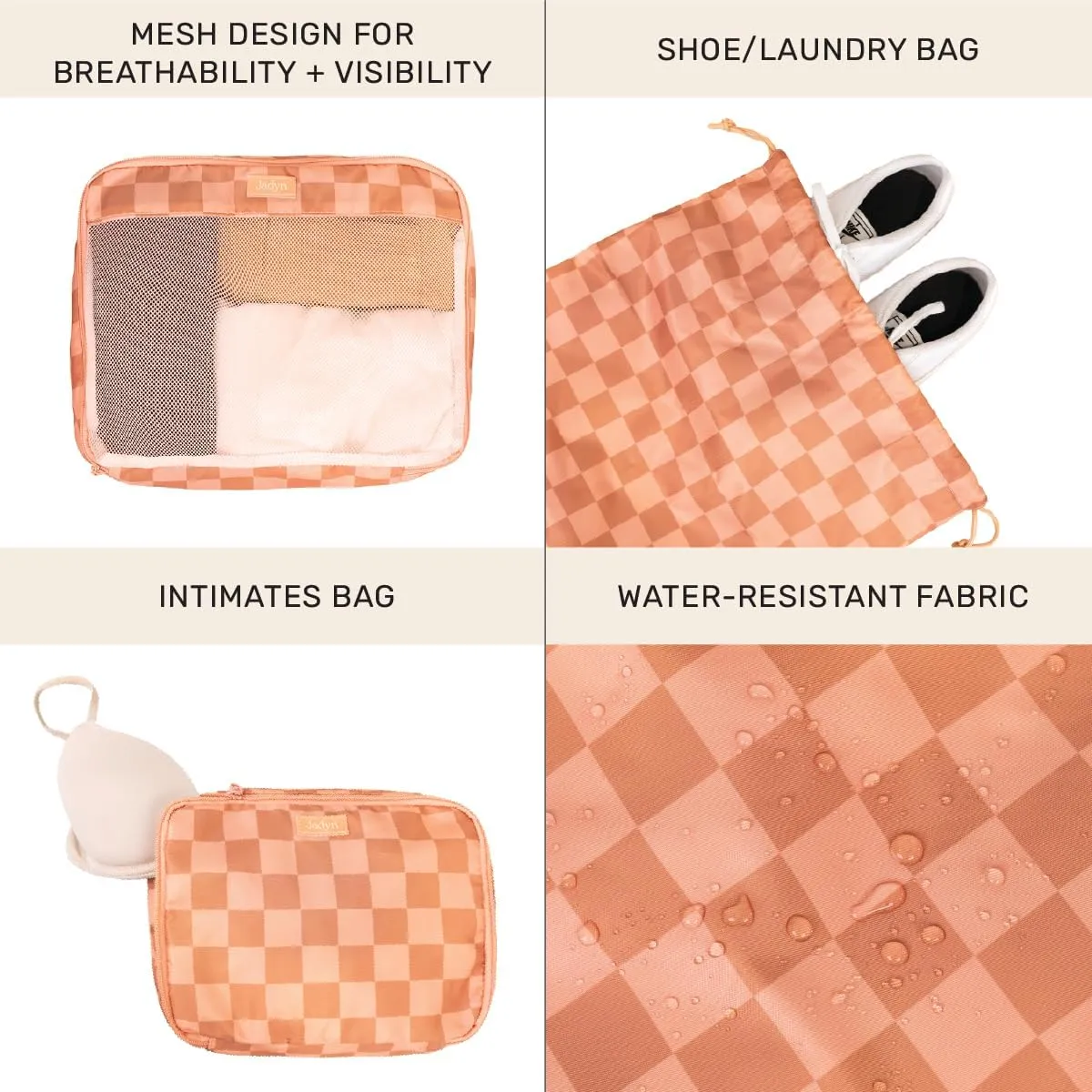 Jadyn Packing Cubes for Travel, 6-Piece Large Packing Cube Organizer Set for Suitcase, Duffel Bag, Luggage, Multiple Sizes Travel Essentials (Terracotta Check)
