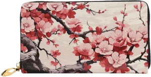 Japanese Floral Cherry Blossom Leather Wallets For Women Waterproof Zip Around Clutch Purses Large Credit Card Holder With Phone Holder Ladies Travel Coin Purse