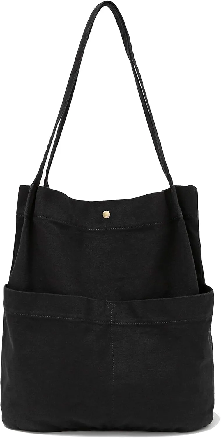 Jeelow Canvas Tote Handbag Shoulder Bucket Bag Purses For Men & Women With Pockets