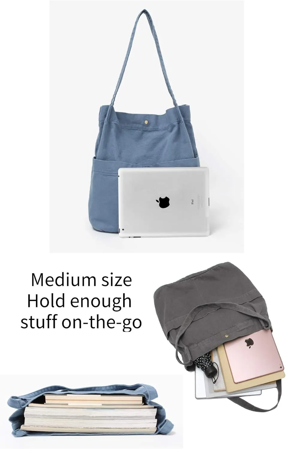 Jeelow Canvas Tote Handbag Shoulder Bucket Bag Purses For Men & Women With Pockets