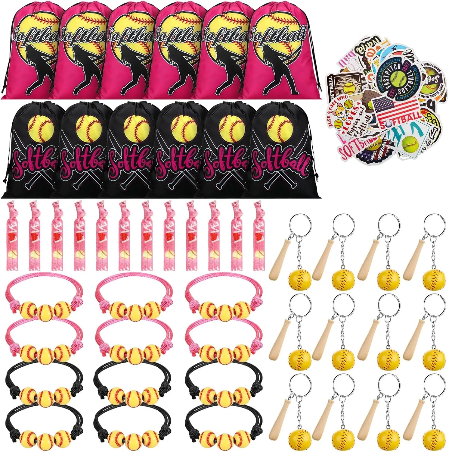 Jenaai 148 Pcs Softball Party Favors Include Drawstring Bags Charm Bracelets Keychain Hair Ties and Stickers, Softball Theme Gifts Party Favors for Women Birthday(Stylish)