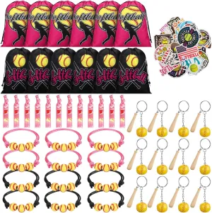 Jenaai 148 Pcs Softball Party Favors Include Drawstring Bags Charm Bracelets Keychain Hair Ties and Stickers, Softball Theme Gifts Party Favors for Women Birthday(Stylish)