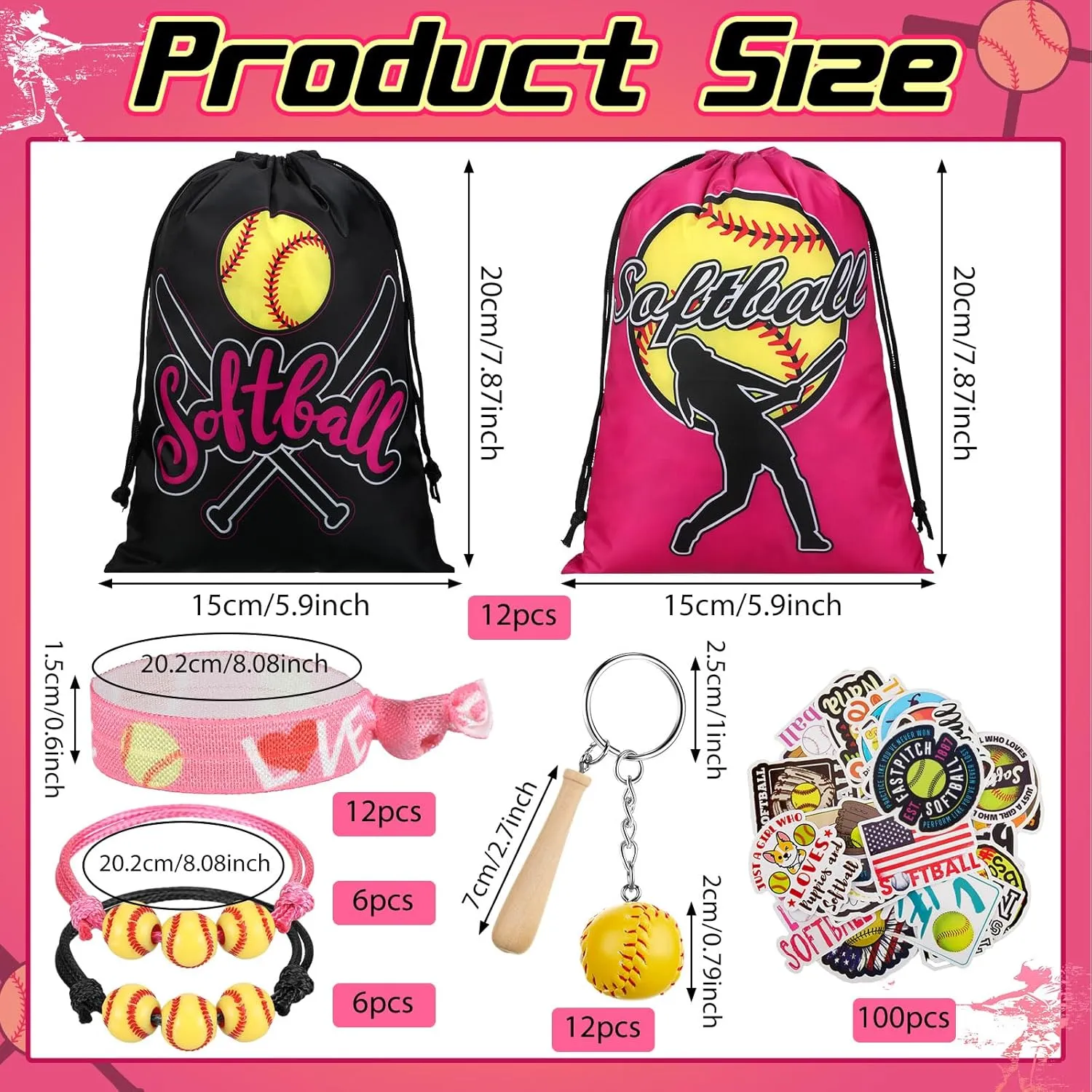 Jenaai 148 Pcs Softball Party Favors Include Drawstring Bags Charm Bracelets Keychain Hair Ties and Stickers, Softball Theme Gifts Party Favors for Women Birthday(Stylish)