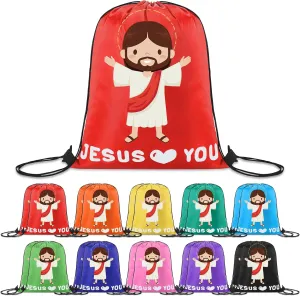 Jesus Loves You Drawstring Backpack Bulk Easter Gifts Cartoon Religious Gift Bag Polyester Backpack