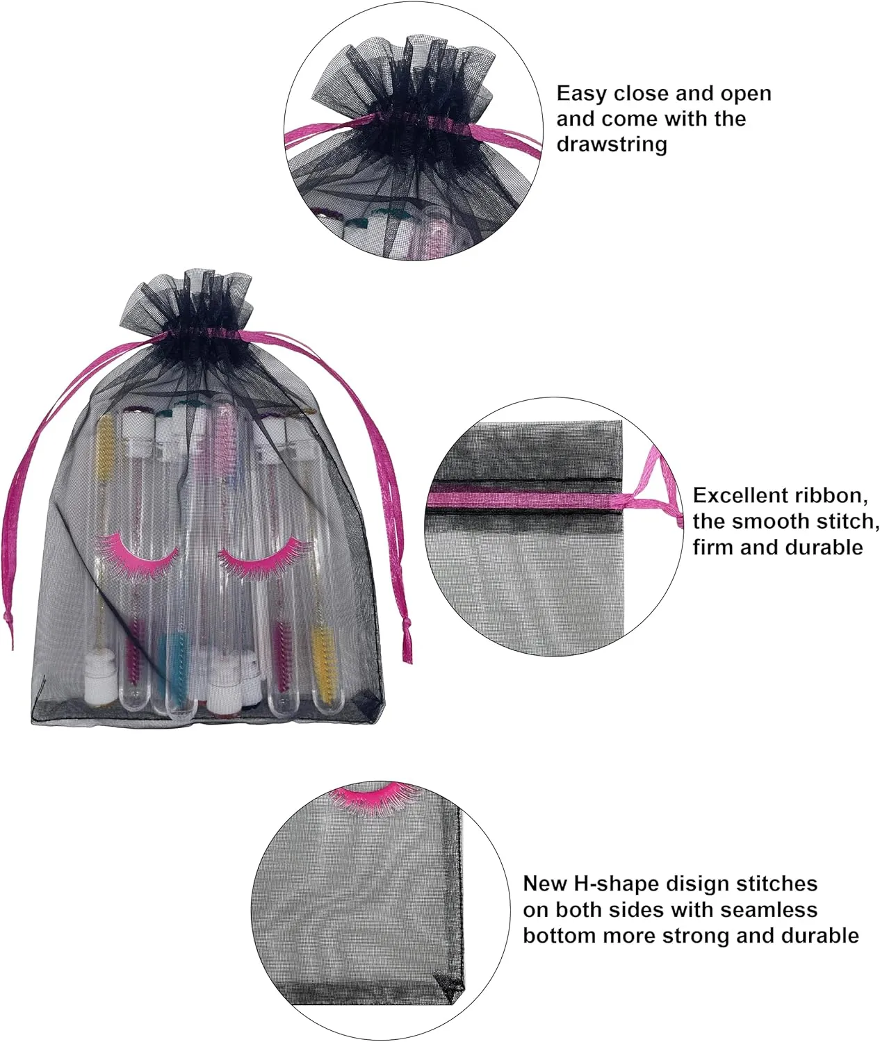 Jexila 100 Pack Lash Bags for Clients Eyelash Aftercare Black Mesh Bags Drawstring 5''X7'' Small Cosmetic Makeup Beauty Gift Bag for Women Supplies (5 x 7 Inch, Black Plus Rose)
