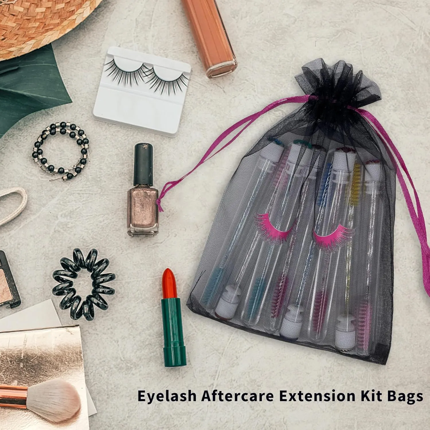 Jexila 100 Pack Lash Bags for Clients Eyelash Aftercare Black Mesh Bags Drawstring 5''X7'' Small Cosmetic Makeup Beauty Gift Bag for Women Supplies (5 x 7 Inch, Black Plus Rose)