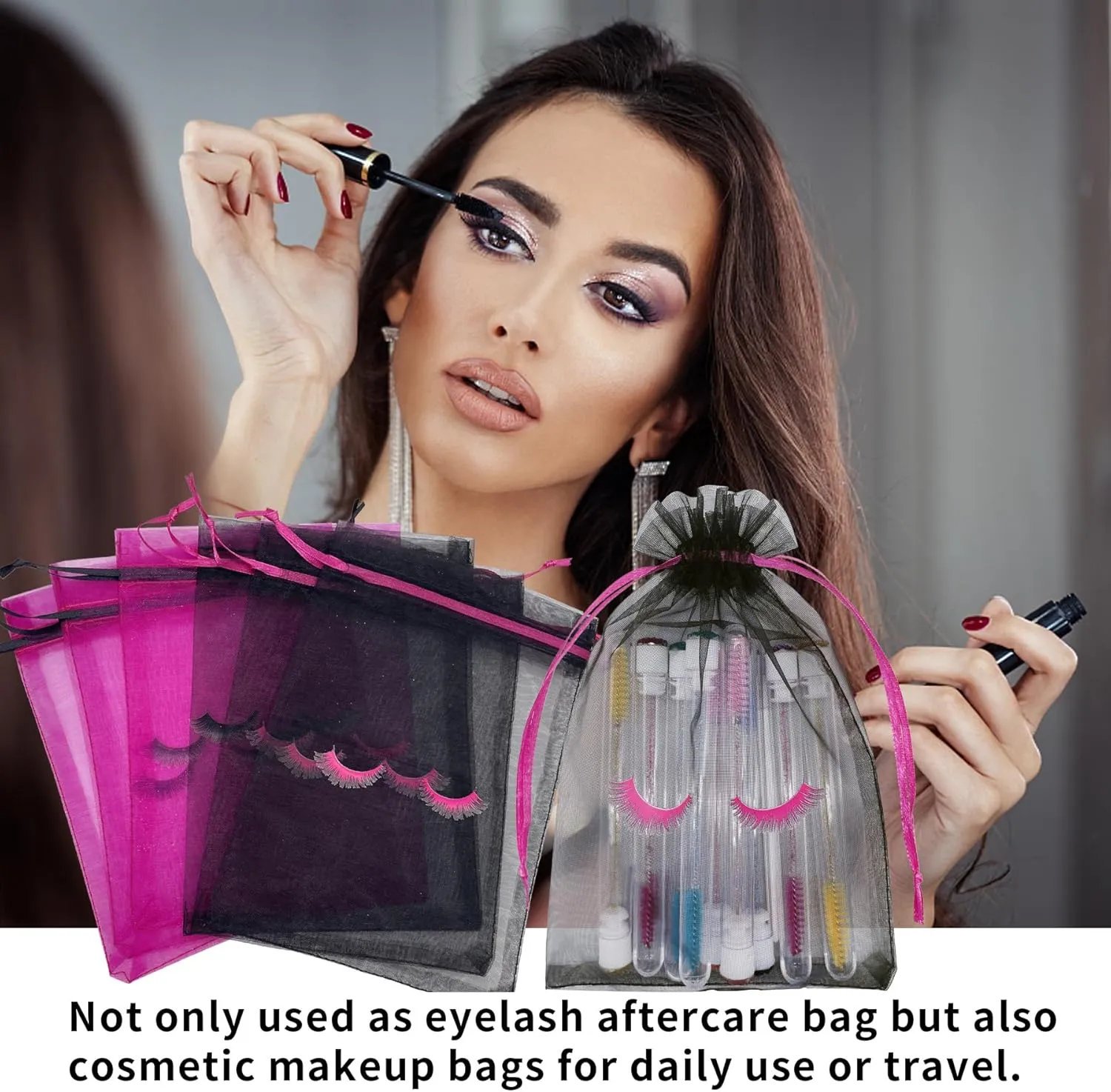 Jexila 100 Pack Lash Bags for Clients Eyelash Aftercare Black Mesh Bags Drawstring 5''X7'' Small Cosmetic Makeup Beauty Gift Bag for Women Supplies (5 x 7 Inch, Black Plus Rose)