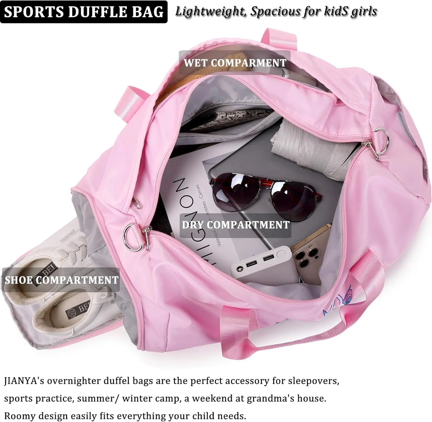 JIANYA Kids Sports Bag Dance Bag for Girls, Carry On Kids Duffle Bag with Shoe Compartment & Wet Pocket