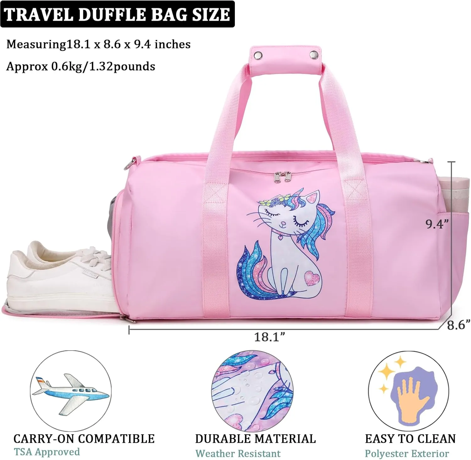 JIANYA Kids Sports Bag Dance Bag for Girls, Carry On Kids Duffle Bag with Shoe Compartment & Wet Pocket