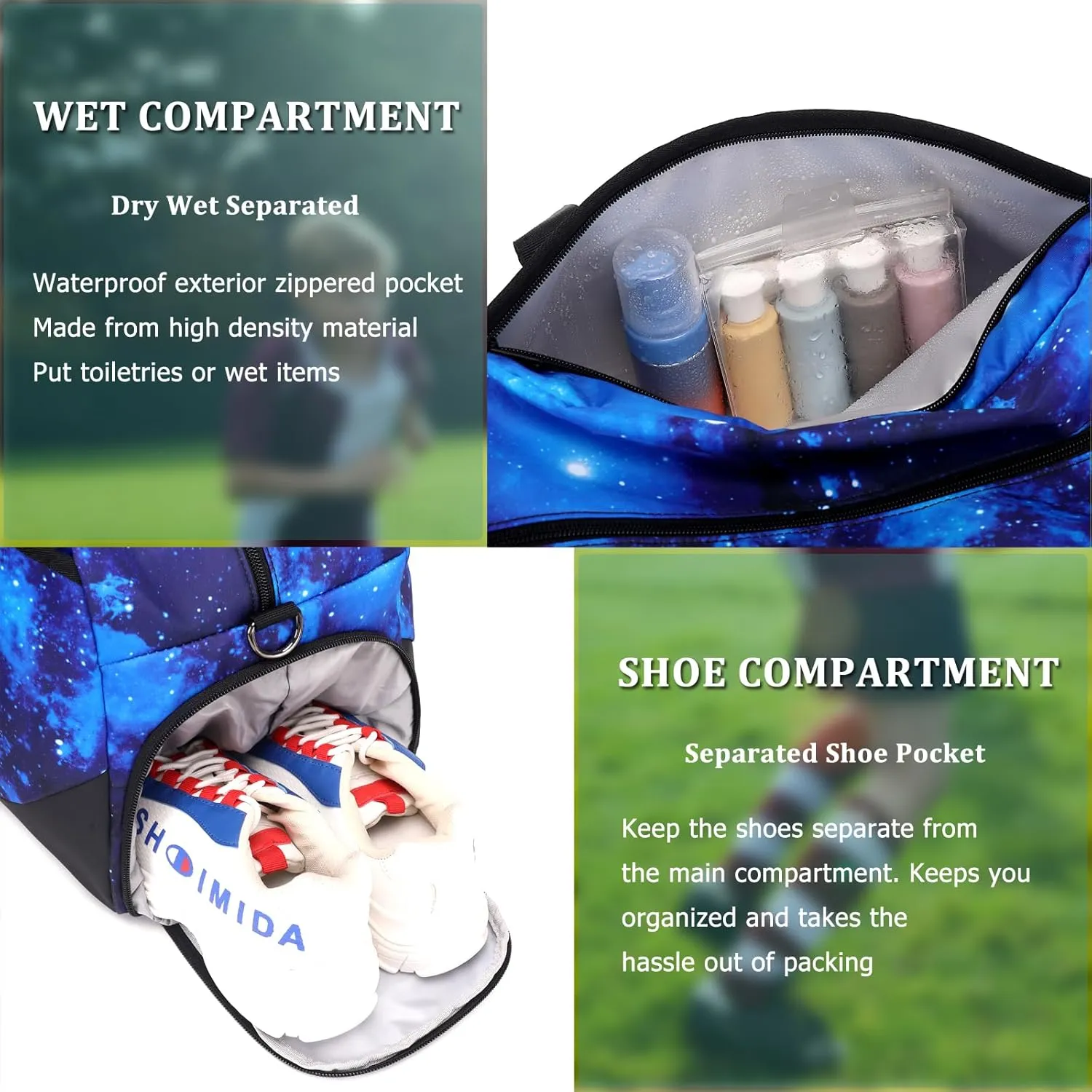 JIANYA Kids Sports Overnight Bag for Girls Boys Small Gym Duffle Bag Teens Gymnastics Bag Sleepover Bag with Shoe Compartment, Galaxy Blue