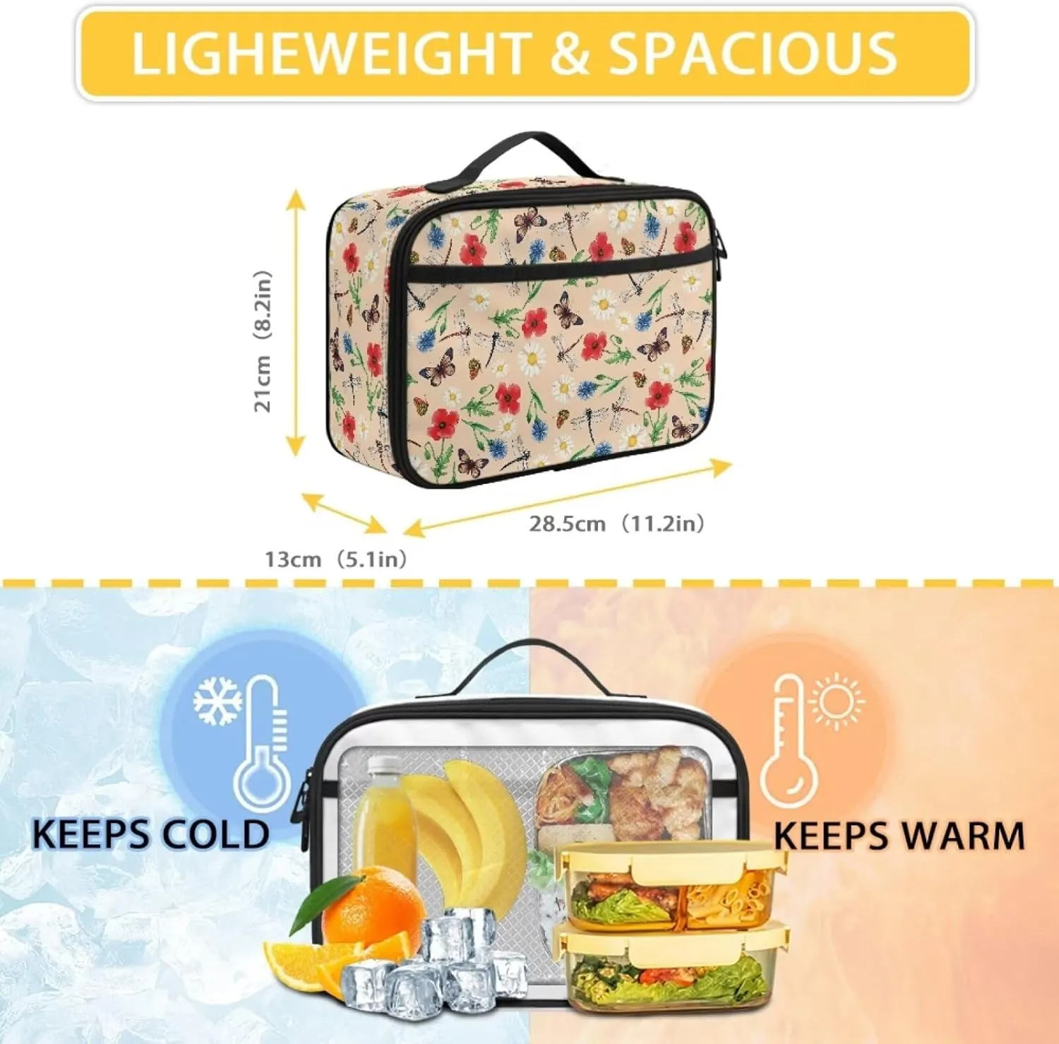 JoyLamoria Floral Dragonfly Tote Lunch Bag Insulated Ice Pack Bag Travel Lunch Cas Handbag Picnic Bag with Handle