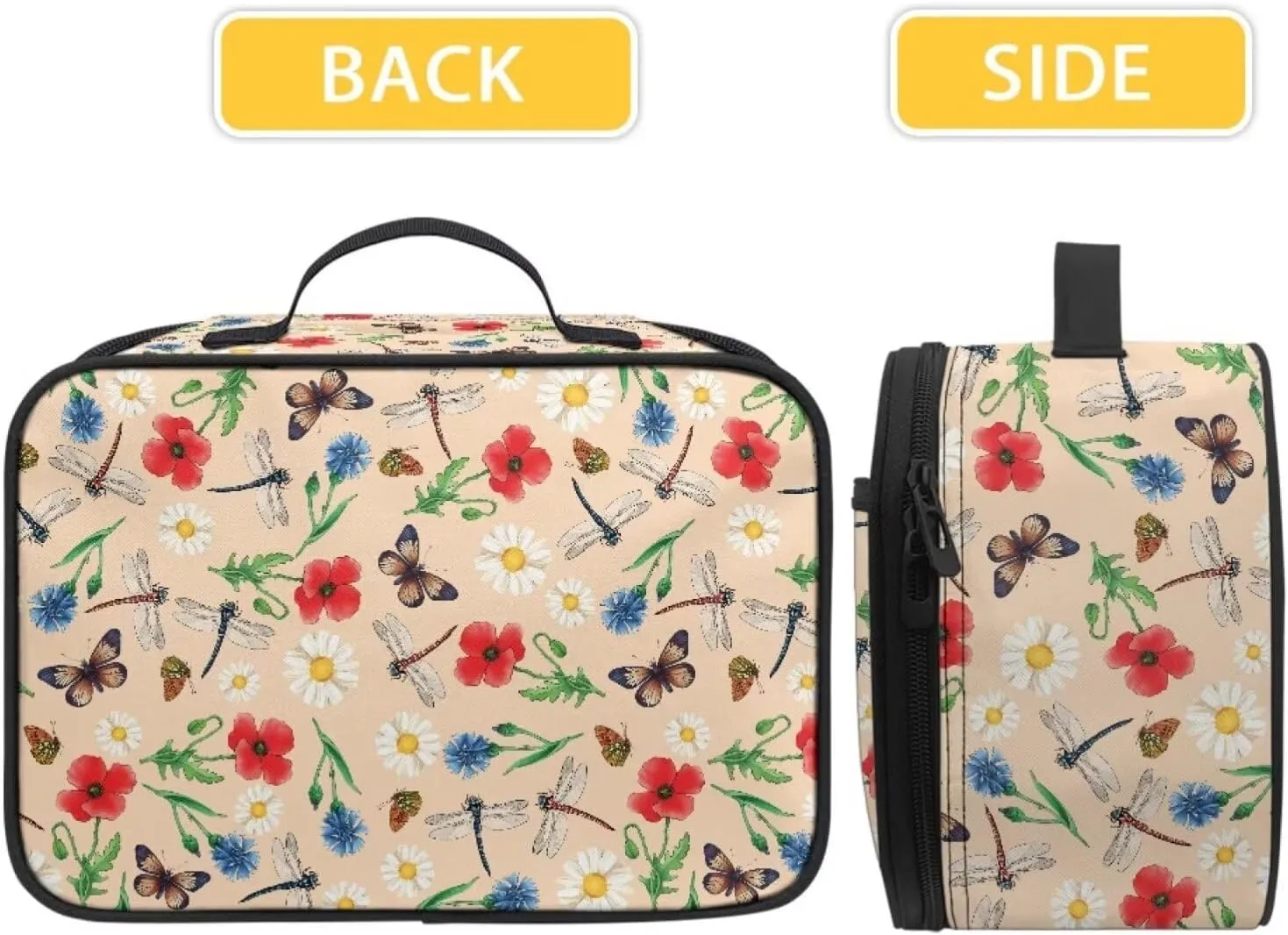 JoyLamoria Floral Dragonfly Tote Lunch Bag Insulated Ice Pack Bag Travel Lunch Cas Handbag Picnic Bag with Handle
