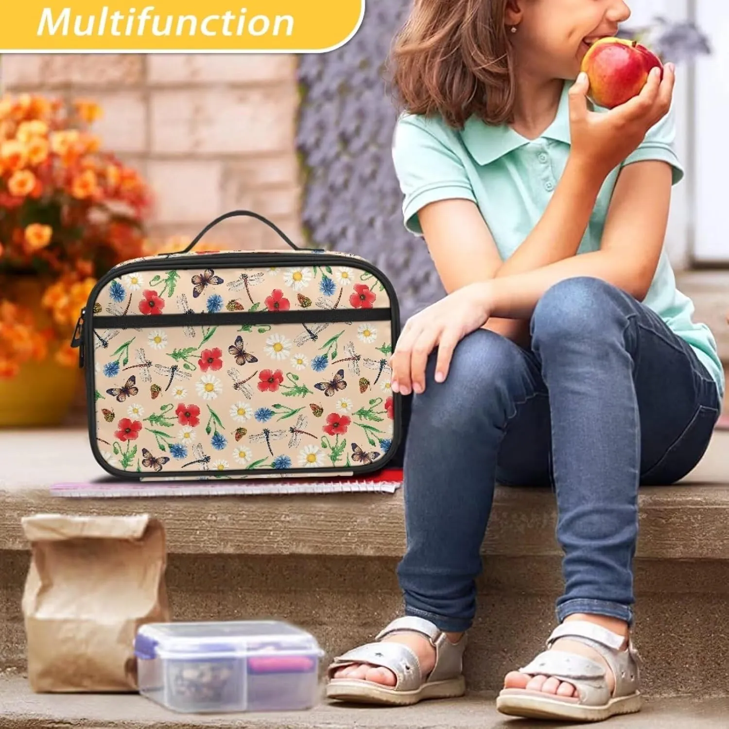 JoyLamoria Floral Dragonfly Tote Lunch Bag Insulated Ice Pack Bag Travel Lunch Cas Handbag Picnic Bag with Handle