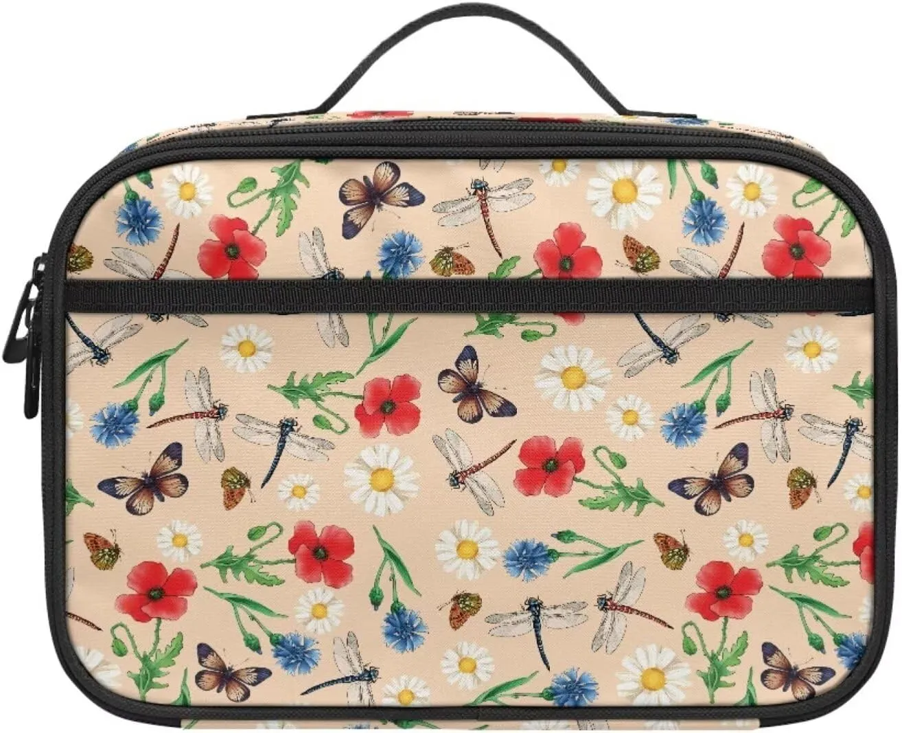 JoyLamoria Floral Dragonfly Tote Lunch Bag Insulated Ice Pack Bag Travel Lunch Cas Handbag Picnic Bag with Handle