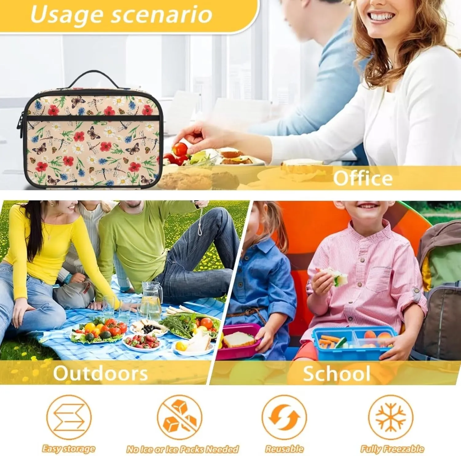 JoyLamoria Floral Dragonfly Tote Lunch Bag Insulated Ice Pack Bag Travel Lunch Cas Handbag Picnic Bag with Handle