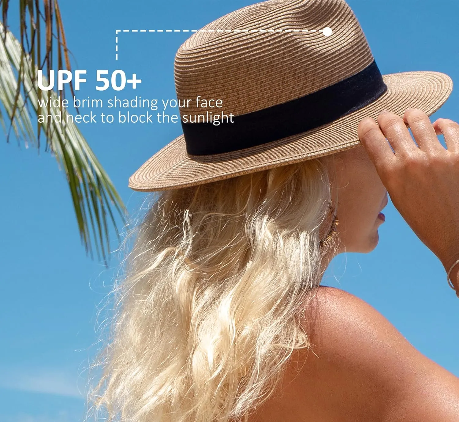 Joywant Womens Straw Fedora Beach Sun Hat, Packable Wide Brim Panama Hat for Women UV UPF50  Summer Hat