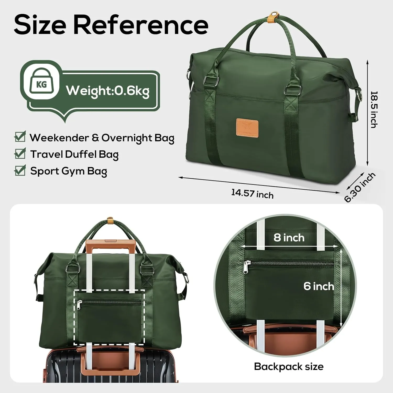 Joyway Travel Duffel Bag, Weekender Overnight Bag for Women, Sports Tote Gym Bag with Wet Pocket, Foldable Personal Item Travel Duffle Bag with Trolley Sleeve, Green
