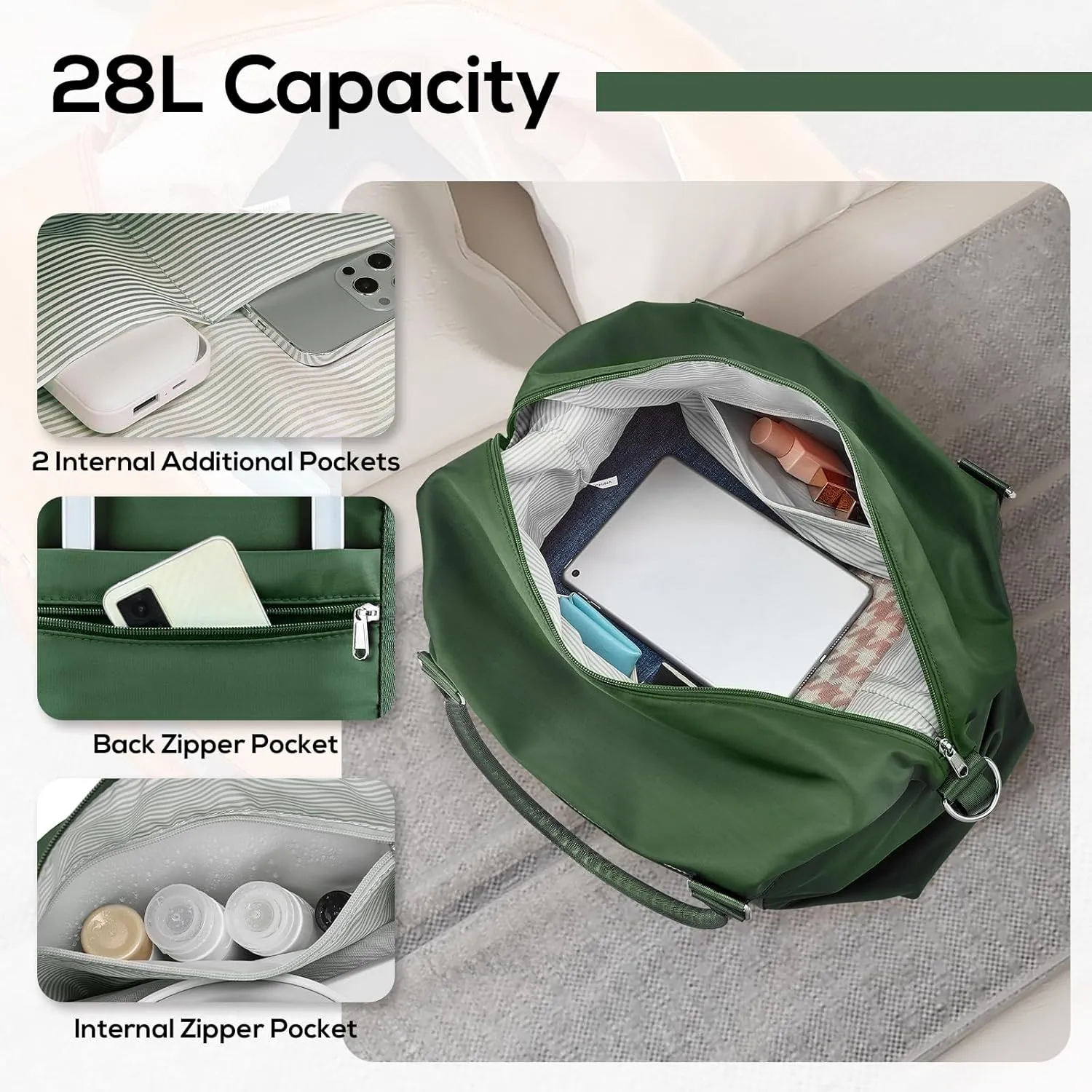 Joyway Travel Duffel Bag, Weekender Overnight Bag for Women, Sports Tote Gym Bag with Wet Pocket, Foldable Personal Item Travel Duffle Bag with Trolley Sleeve, Green