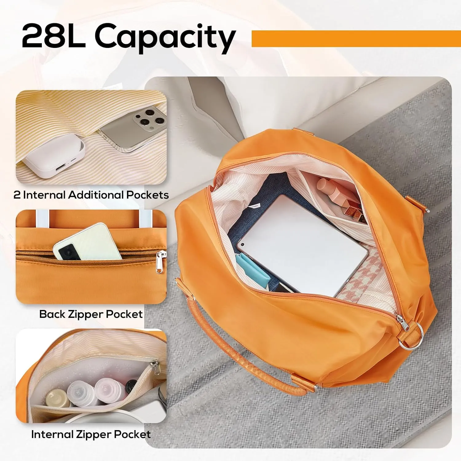 Joyway Travel Duffel Bag, Weekender Overnight Bag for Women, Sports Tote Gym Bag with Wet Pocket, Foldable Personal Item Travel Duffle Bag with Trolley Sleeve, Orange