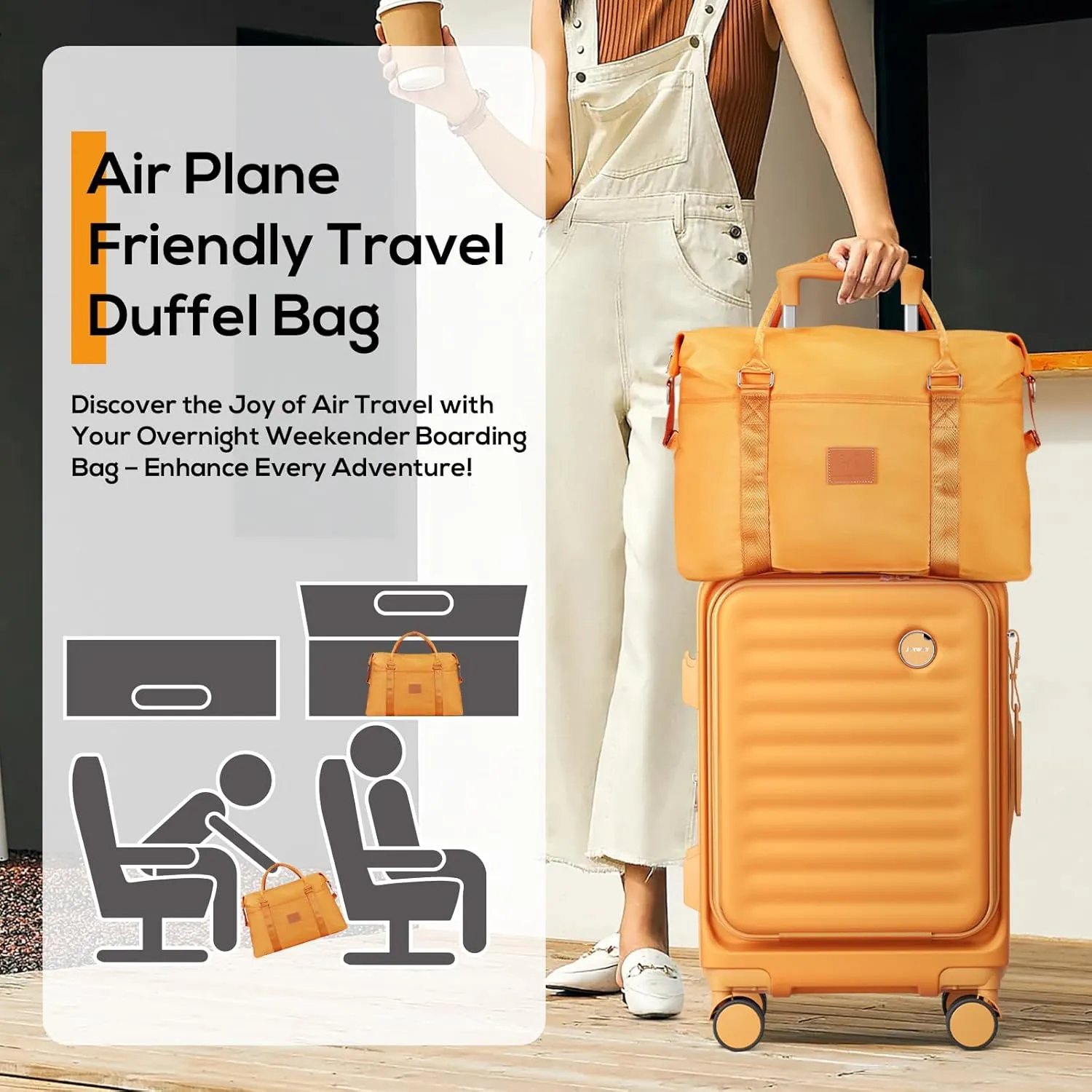 Joyway Travel Duffel Bag, Weekender Overnight Bag for Women, Sports Tote Gym Bag with Wet Pocket, Foldable Personal Item Travel Duffle Bag with Trolley Sleeve, Orange
