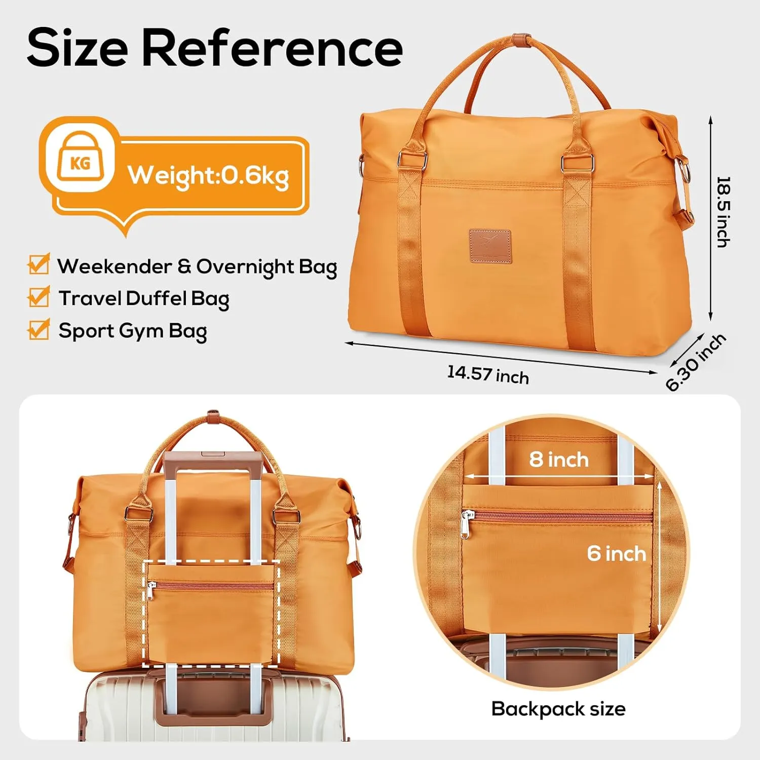 Joyway Travel Duffel Bag, Weekender Overnight Bag for Women, Sports Tote Gym Bag with Wet Pocket, Foldable Personal Item Travel Duffle Bag with Trolley Sleeve, Orange