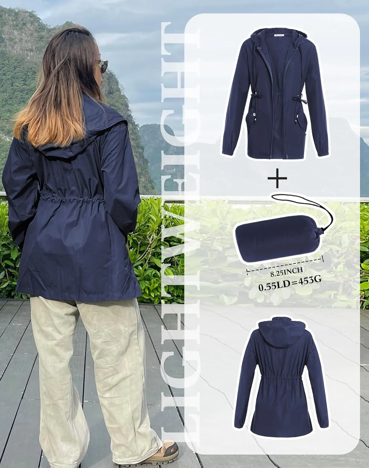 JTANIB Women Packable Rain Jacket Waterproof Lightweight Raincoat Hooded for Hiking Outdoor Travel