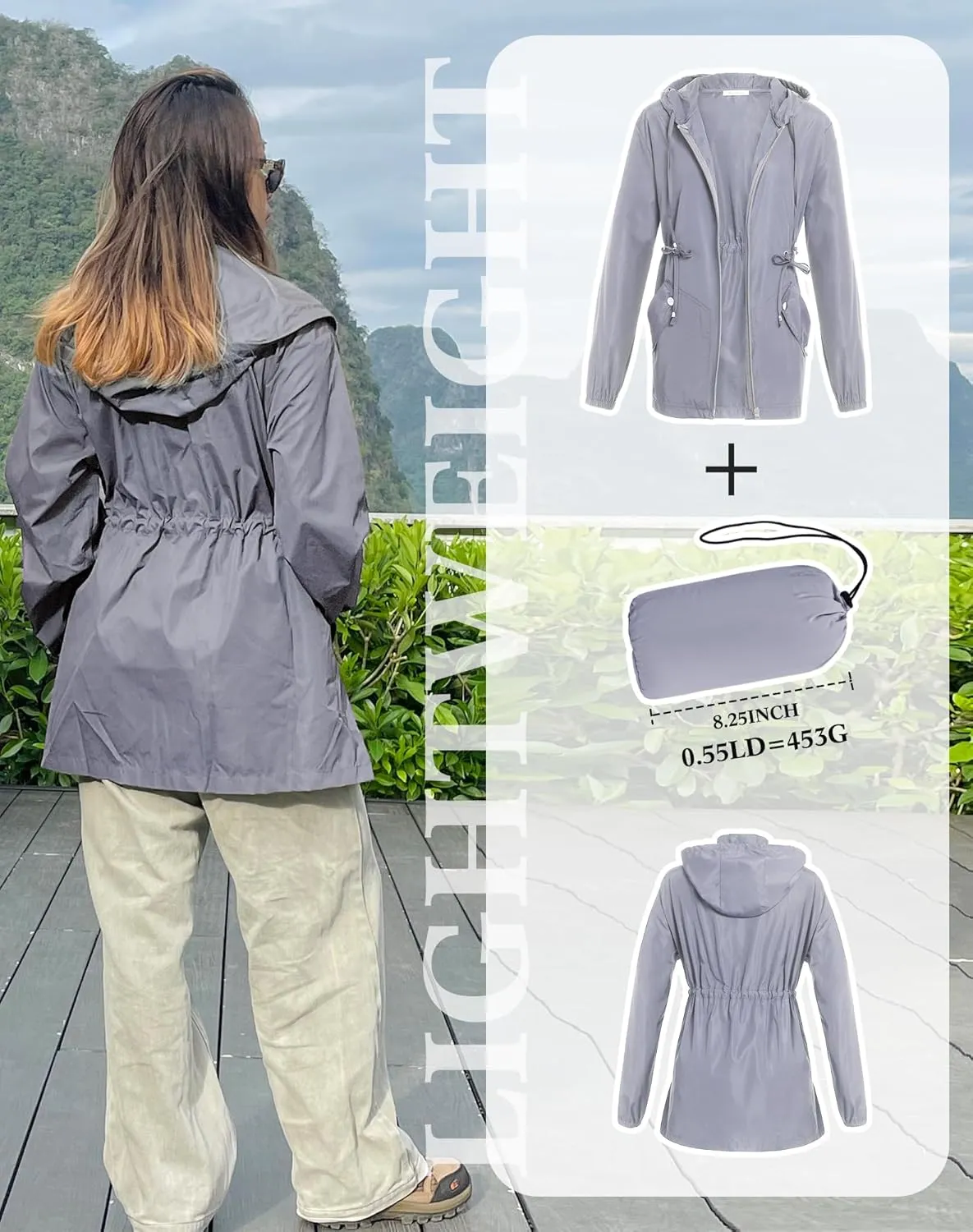 JTANIB Women Packable Rain Jacket Waterproof Lightweight Raincoat Hooded for Hiking Outdoor Travel