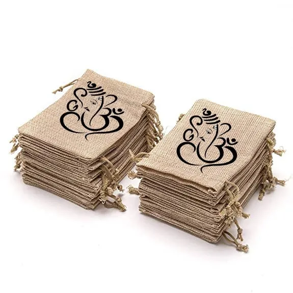Jute Potli Bag for Return Gift | Shagun Bag with Ganesh Design - (Set of 15 Pcs)