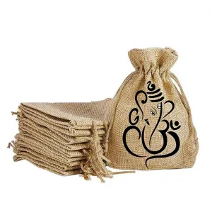 Jute Potli Bag for Return Gift | Shagun Bag with Ganesh Design - (Set of 15 Pcs)