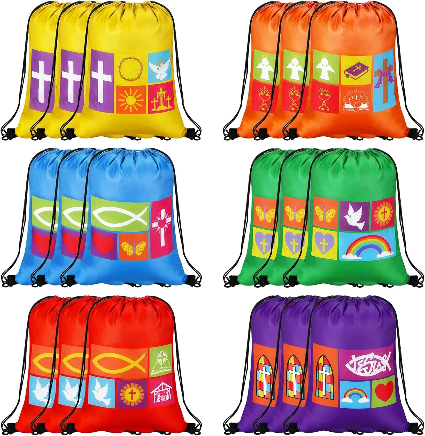 Kacctyen 18 Pcs Christian Religious Drawstring Bags Christian Symbols Backpack Gift Bulk Christmas Easter Polyester Church Backpack for Sunday School Easter Birthday Baby Shower Party Favors