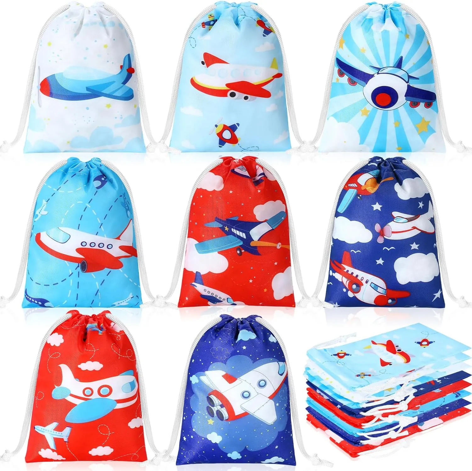 Kajaia 24 Pieces Airplane Party Favor Airplane Goodie Bags Cloud Sky Birthday Party Supplies Candy Treat Bags Reusable Drawstring Gift for Kids Travel Baby Shower Decor Supplies