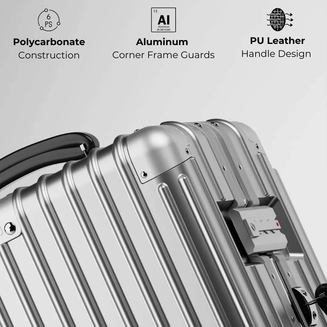 KARGO 24 Inch Check In Luggage - Polycarbonate Hard Shell Suitcase with Aluminum Corners, Smooth-Rolling Wheels, Leather Handle, Aluminum Frame Luggage, Zipperless TSA Lock (Silver, 24 Inch Check-In)