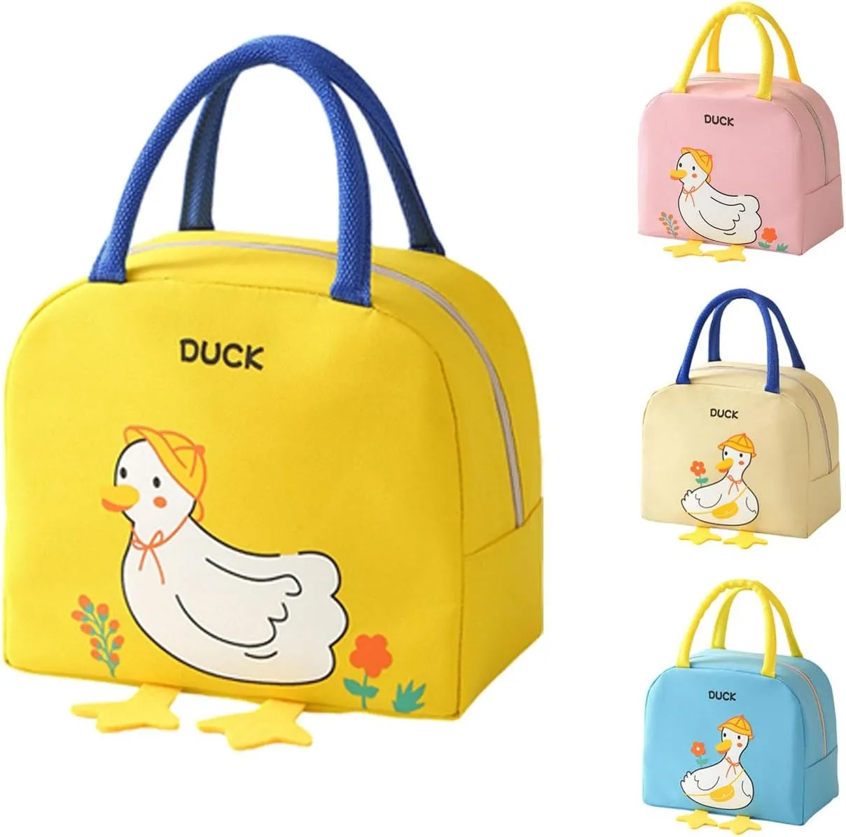 Kawaii lunch bag cute cartoon duck lunch box women's reusable warm lunch handbag (Yellow,One Size)