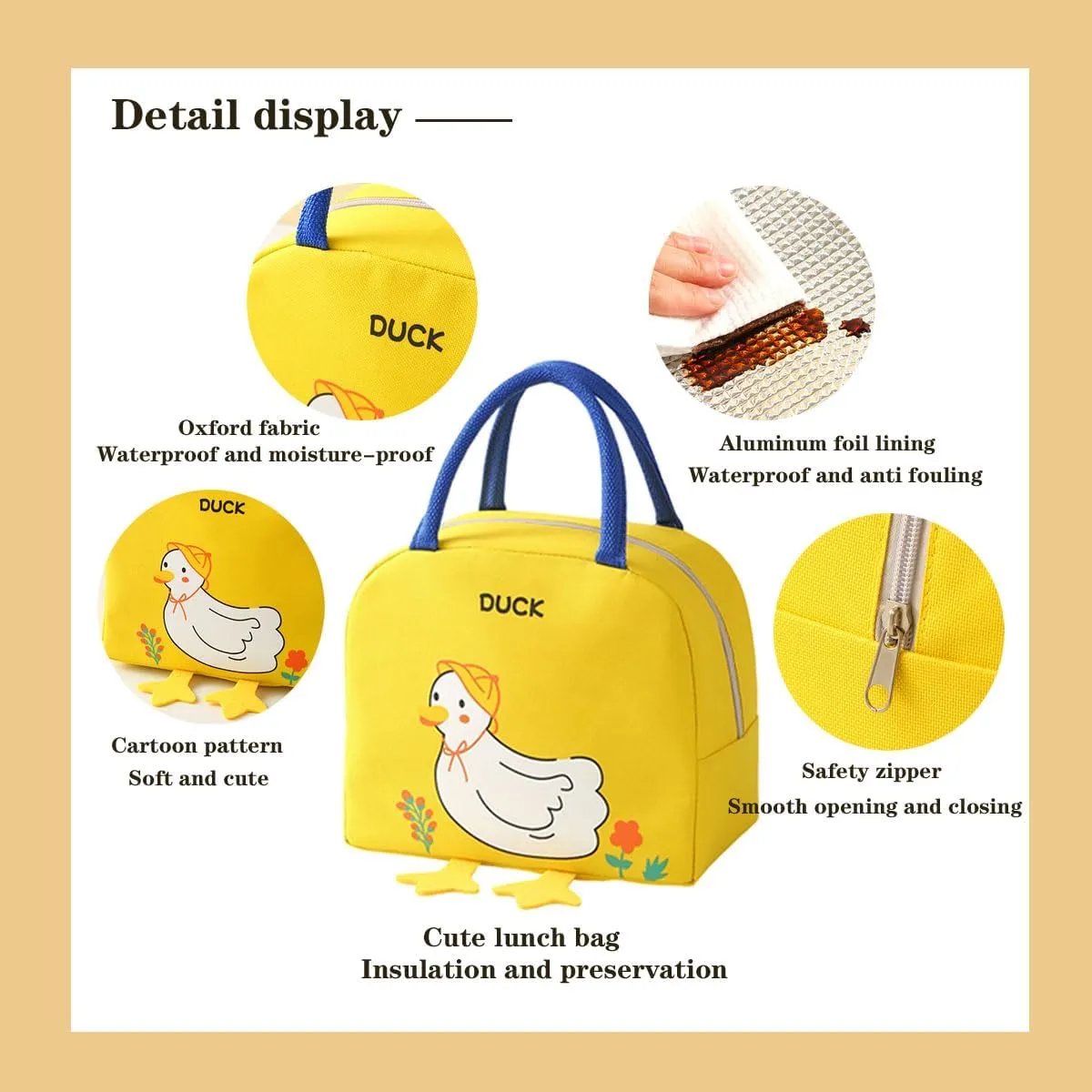 Kawaii lunch bag cute cartoon duck lunch box women's reusable warm lunch handbag (Yellow,One Size)