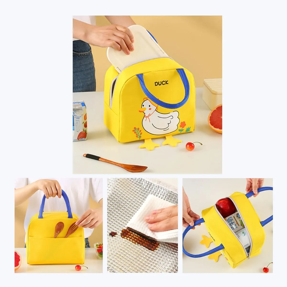 Kawaii lunch bag cute cartoon duck lunch box women's reusable warm lunch handbag (Yellow,One Size)