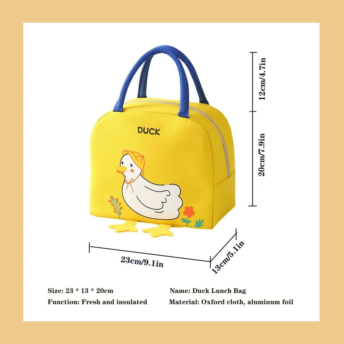 Kawaii lunch bag cute cartoon duck lunch box women's reusable warm lunch handbag (Yellow,One Size)