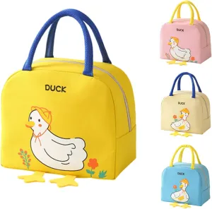 Kawaii lunch bag cute cartoon duck lunch box women's reusable warm lunch handbag (Yellow,One Size)