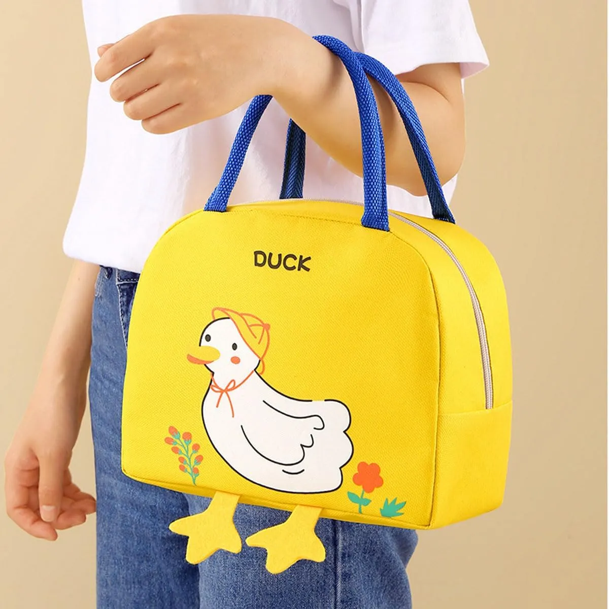 Kawaii lunch bag cute cartoon duck lunch box women's reusable warm lunch handbag (Yellow,One Size)