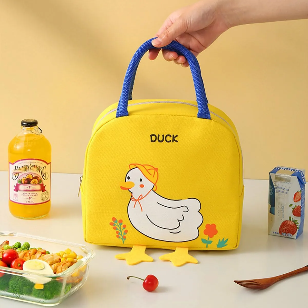 Kawaii lunch bag cute cartoon duck lunch box women's reusable warm lunch handbag (Yellow,One Size)