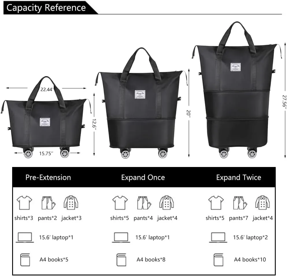 Kaxich Rolling Duffel Bag with Wheels, Expandable Foldable Travel Bag Carry-on Luggage Bag Large Suitcase with Detachable Wheels for Gym, Camping, Travel or Business Trip (Black)
