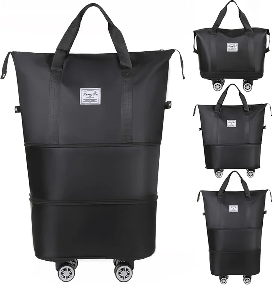 Kaxich Rolling Duffel Bag with Wheels, Expandable Foldable Travel Bag Carry-on Luggage Bag Large Suitcase with Detachable Wheels for Gym, Camping, Travel or Business Trip (Black)