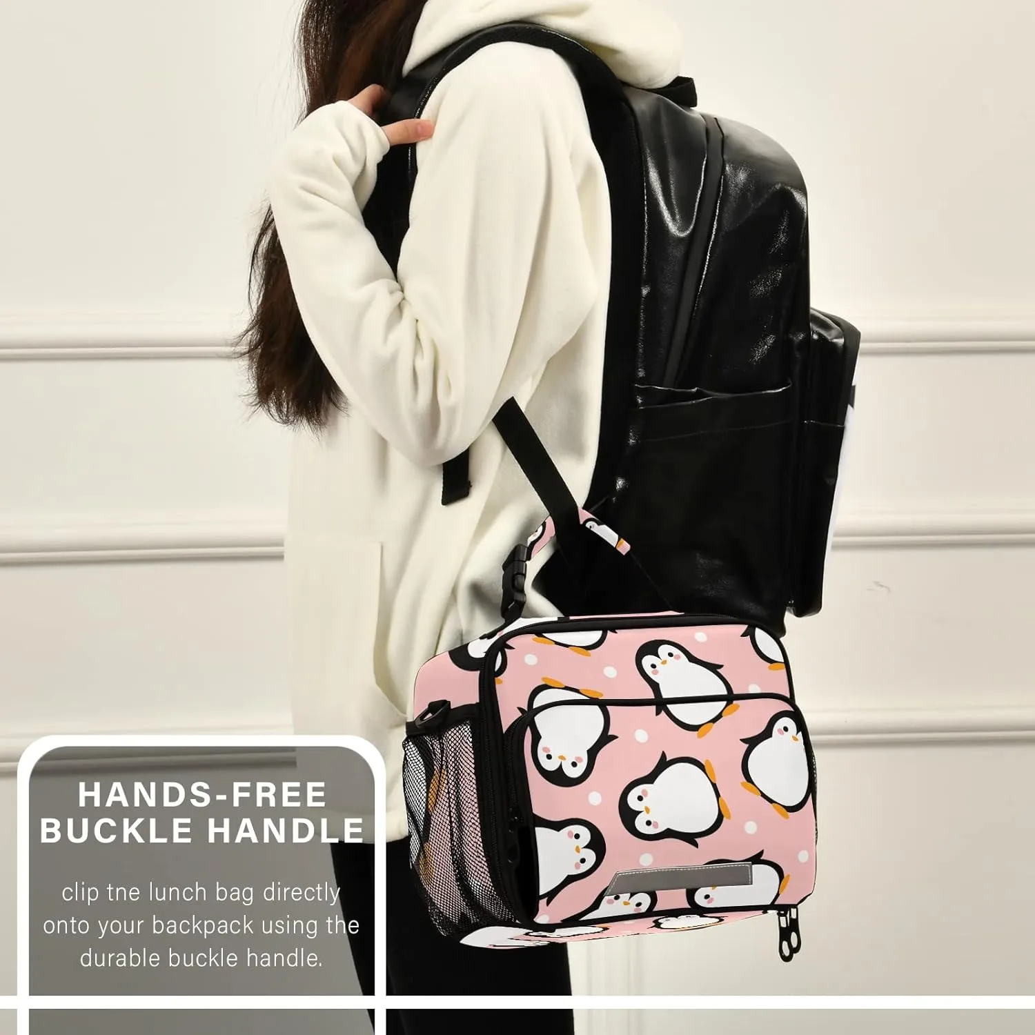 Kcldeci Cute Penguin Lunch Bag for Women Men Cartoon Pink Sea Animals Dots Insulated Lunch Box for Adult Reusable Lunch Tote Bag for Work, Picnic, School or Travel