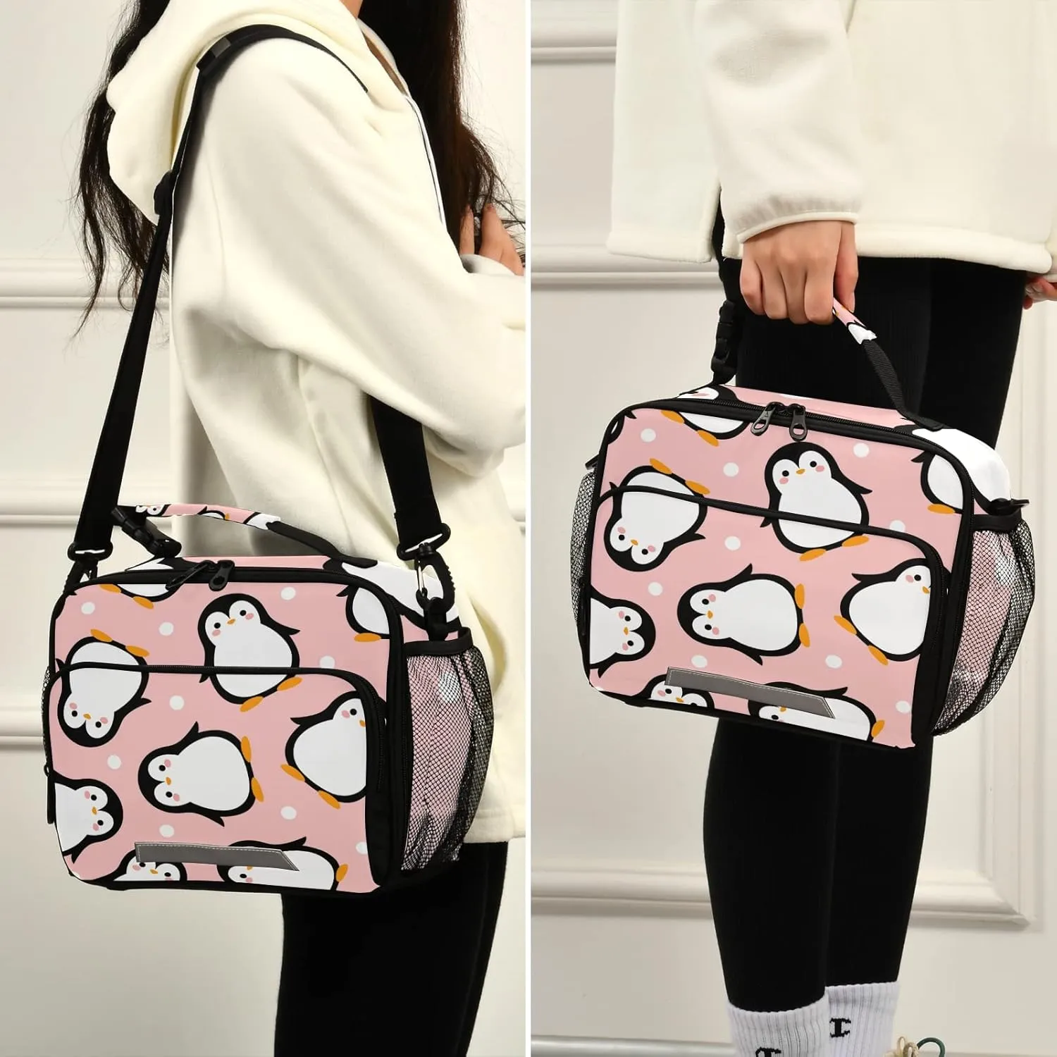 Kcldeci Cute Penguin Lunch Bag for Women Men Cartoon Pink Sea Animals Dots Insulated Lunch Box for Adult Reusable Lunch Tote Bag for Work, Picnic, School or Travel