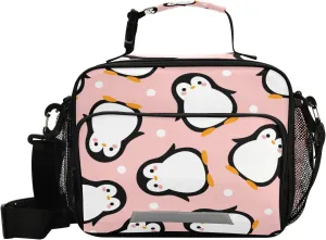 Kcldeci Cute Penguin Lunch Bag for Women Men Cartoon Pink Sea Animals Dots Insulated Lunch Box for Adult Reusable Lunch Tote Bag for Work, Picnic, School or Travel