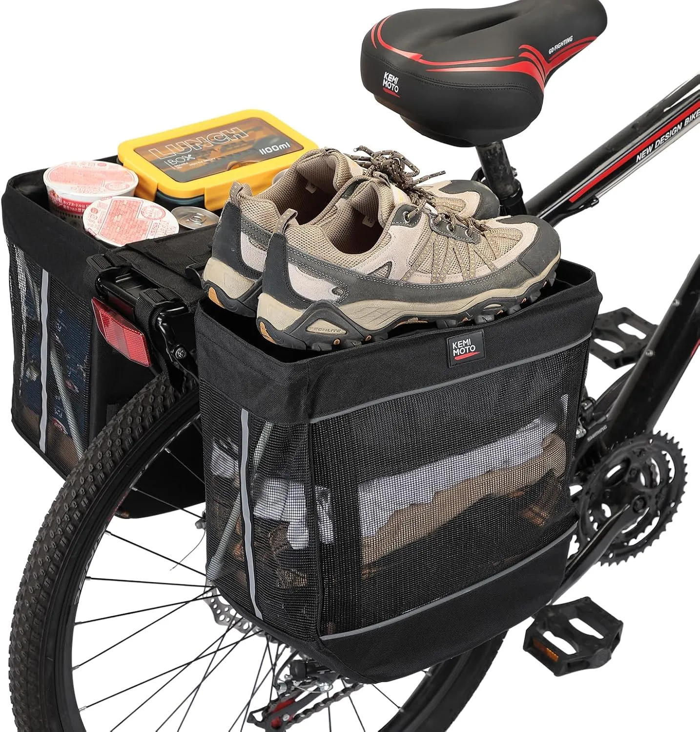KEMIMOTO Breathable 42L Bike Pannier Bags for Rear Rack, Double Bicycles Saddle Bags for Grocery, Ebike Pannier Bags with Drawstring Design and Night Reflective Strips, Black