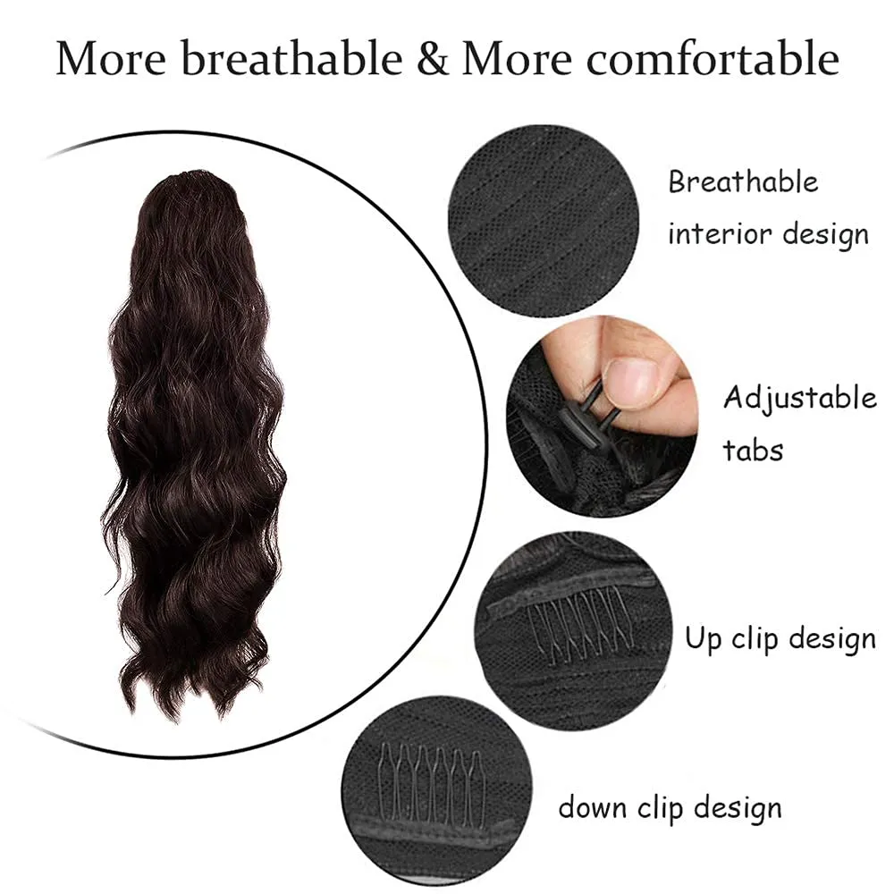 KETHBE 24 Inch Long Body Wave Ponytail hair Extension Synthetic Heat Resistant Wrap Around Drawstring Curly Wavy Ponytail Hairpieces for Women (4#)